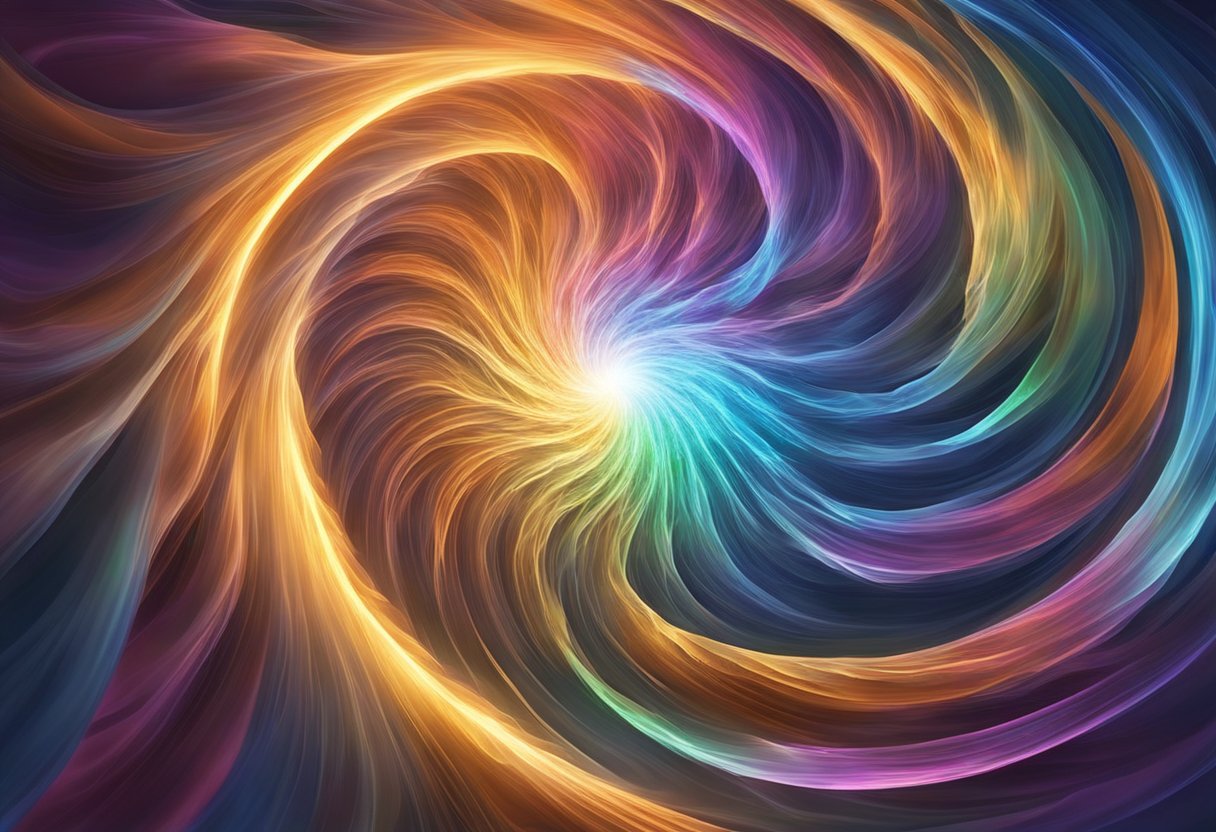 A swirling vortex of energy radiates from the base of the spine, surrounded by vibrant colors and pulsating light