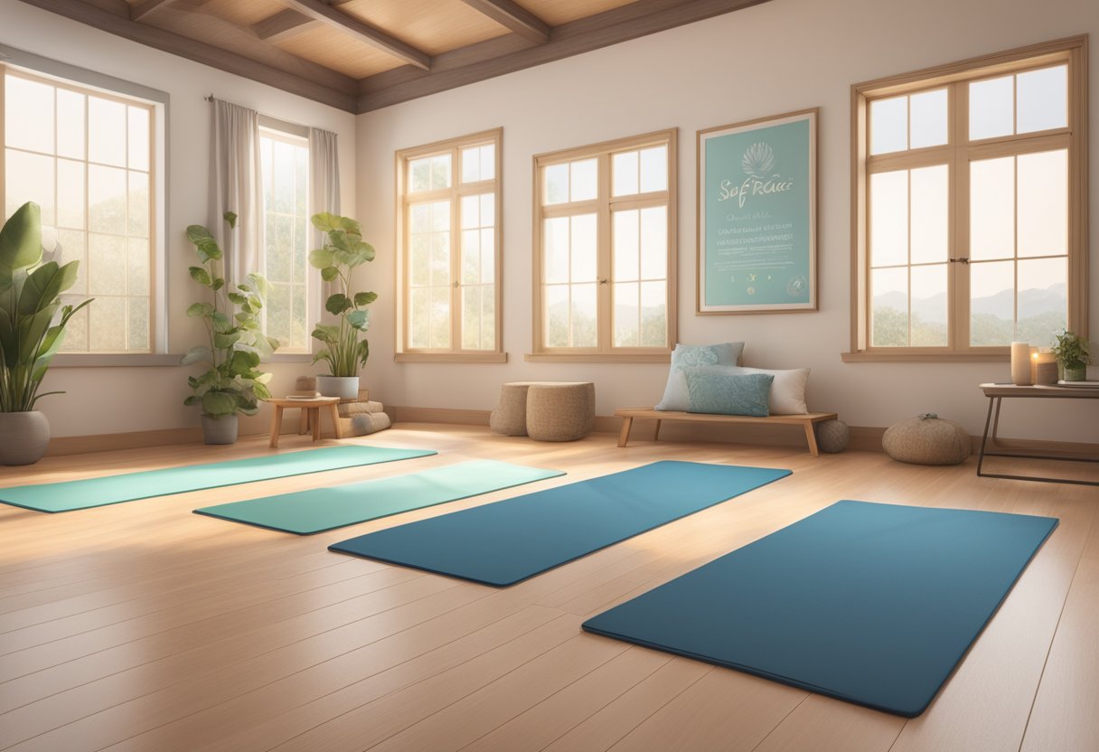 A serene yoga studio with soft lighting and calming decor, a peaceful atmosphere with yoga mats laid out and a sign promoting safe practice