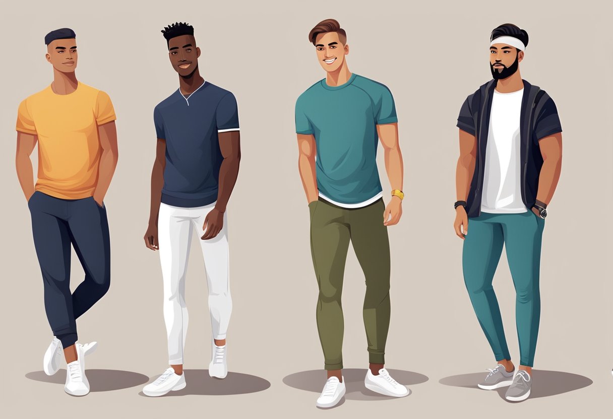 A group of men of various cultural backgrounds wearing yoga pants in different styles and colors, showcasing the acceptance and diversity of men's fashion choices