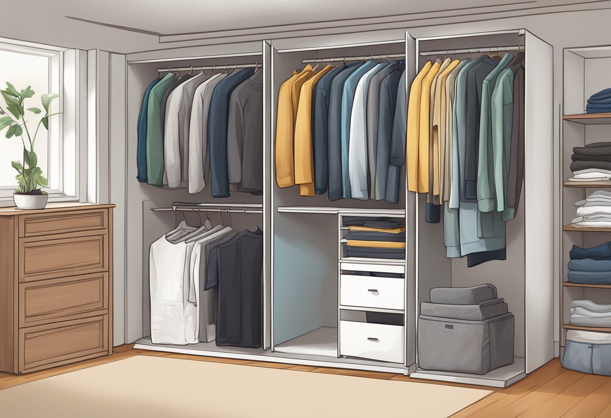 A man's wardrobe with yoga pants folded neatly among other everyday clothes