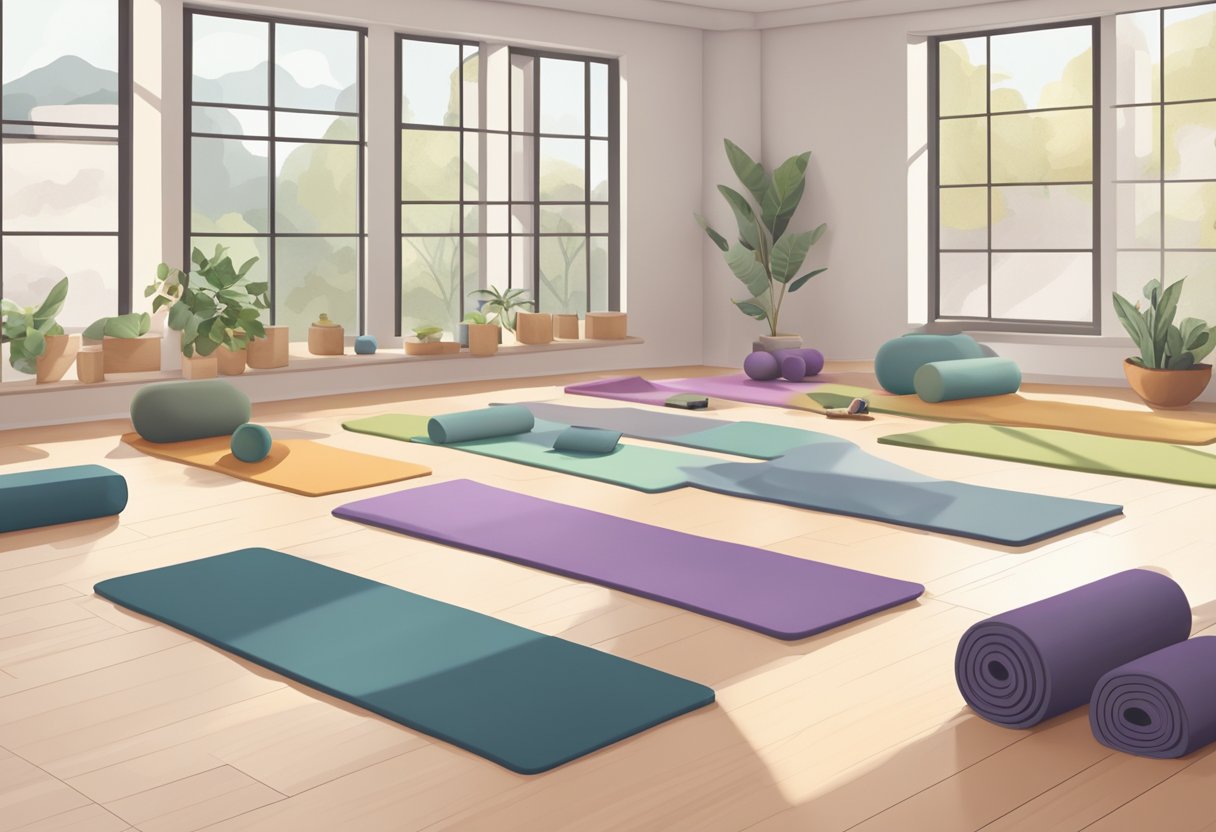 A serene yoga studio with essential props like blocks, straps, and mats laid out for a beginner's practice