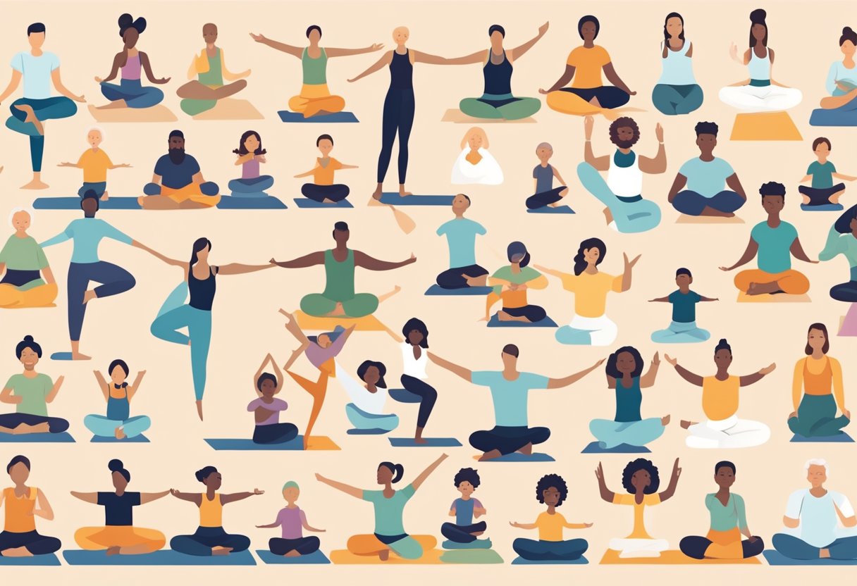 A diverse group of yoga practitioners of all ages and abilities, each performing different yoga poses, with a focus on adapting the practice to meet individual needs