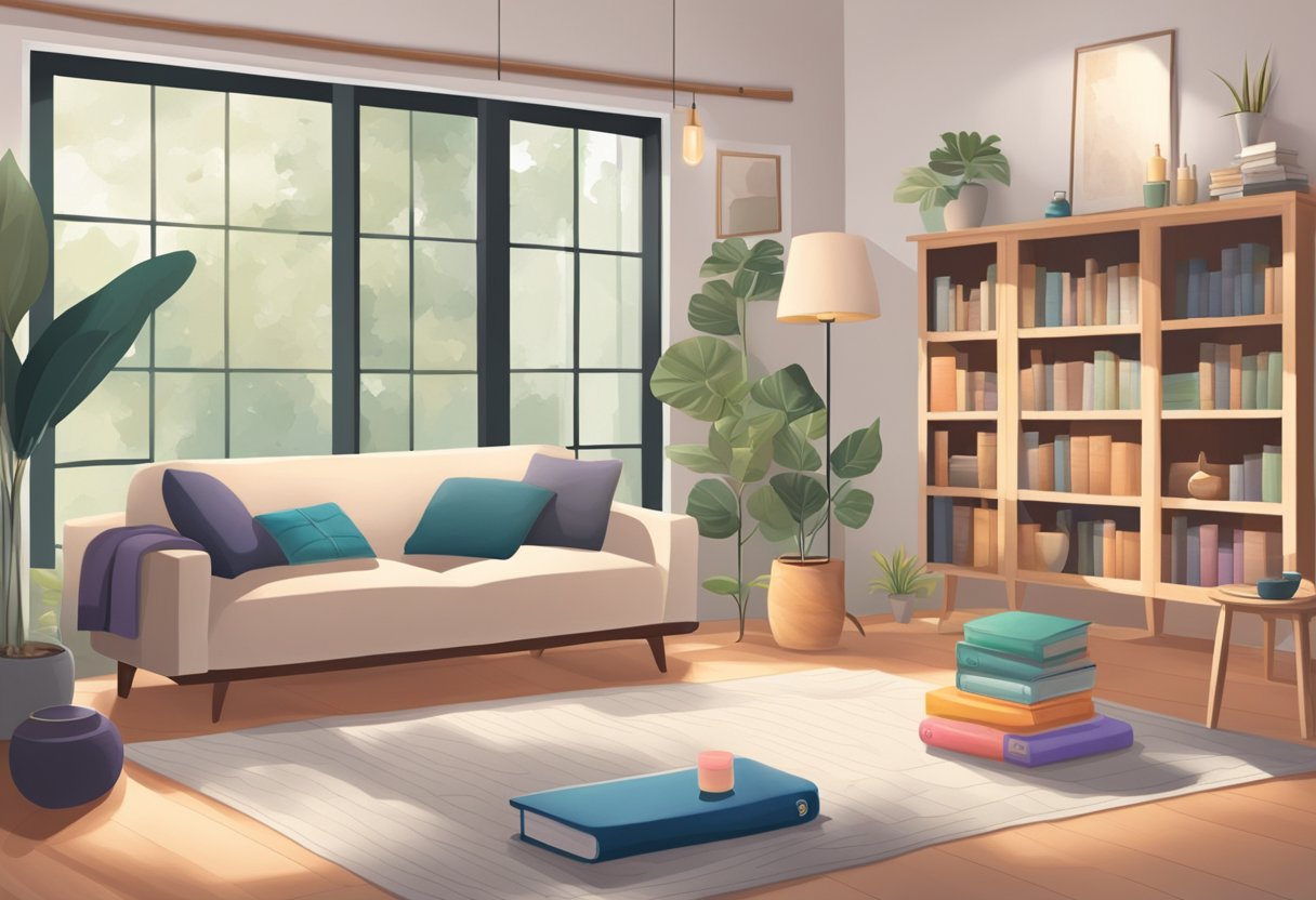 A serene living room with a yoga mat and props, a bookshelf filled with beginner yoga books, and soft natural lighting streaming in through the window
