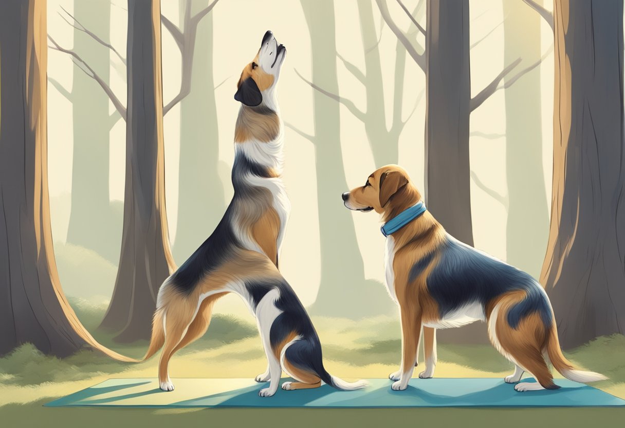 Two dogs mirror each other in downward dog and tree pose, their tails wagging in sync