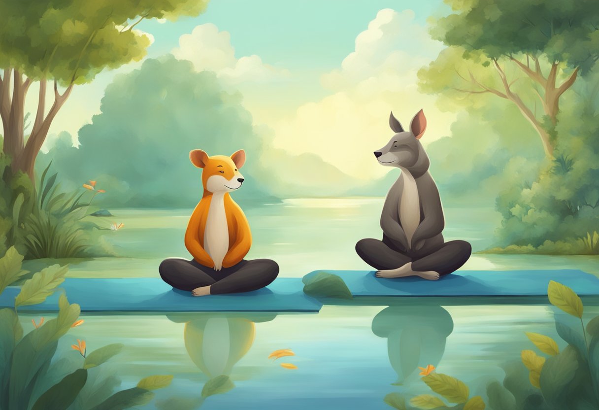 Two animals mirroring yoga poses in a serene natural setting