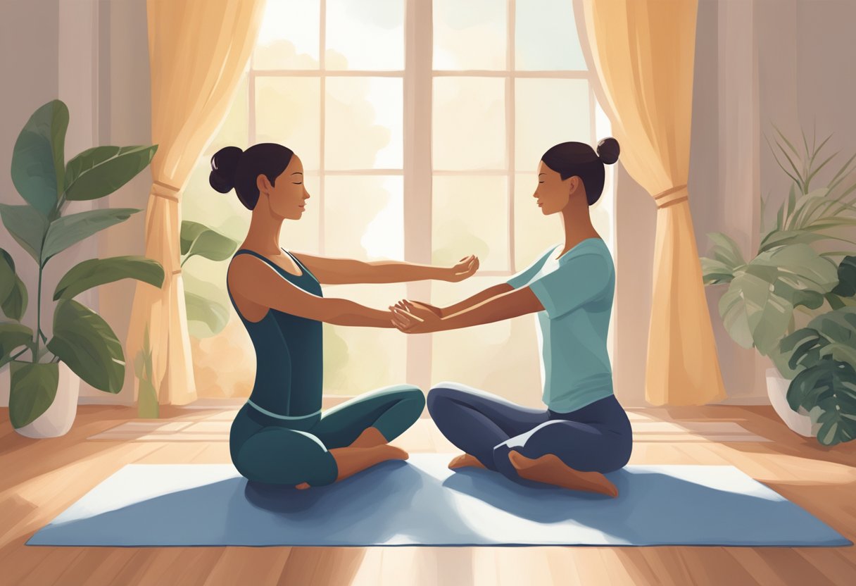 Two figures in yoga poses, facing each other with arms outstretched. One figure leans forward while the other leans back, creating a balanced and harmonious composition