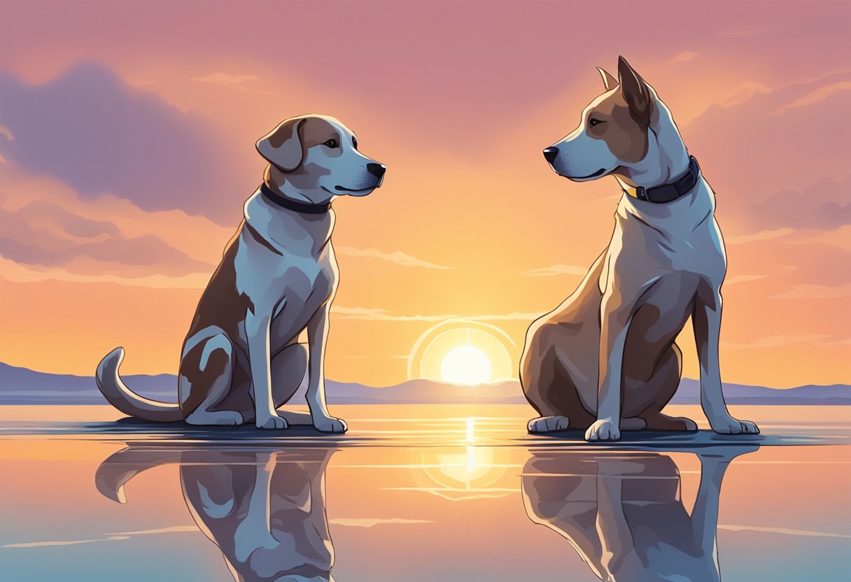 Two dogs mirror each other in a yoga pose, tails wagging. The sun sets behind them, casting a warm glow on the serene scene