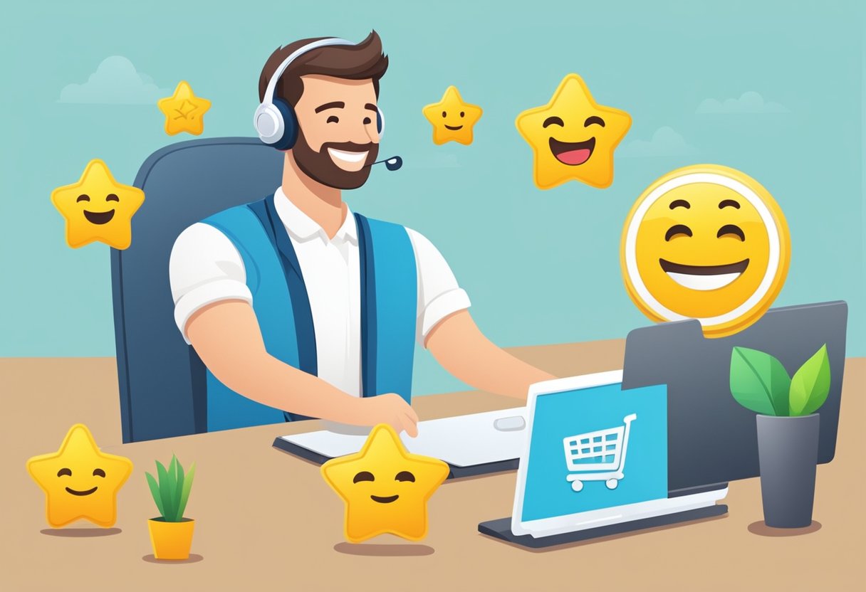 A customer service representative receives positive feedback from a satisfied e-commerce customer, indicated by a smiling emoji and a five-star rating