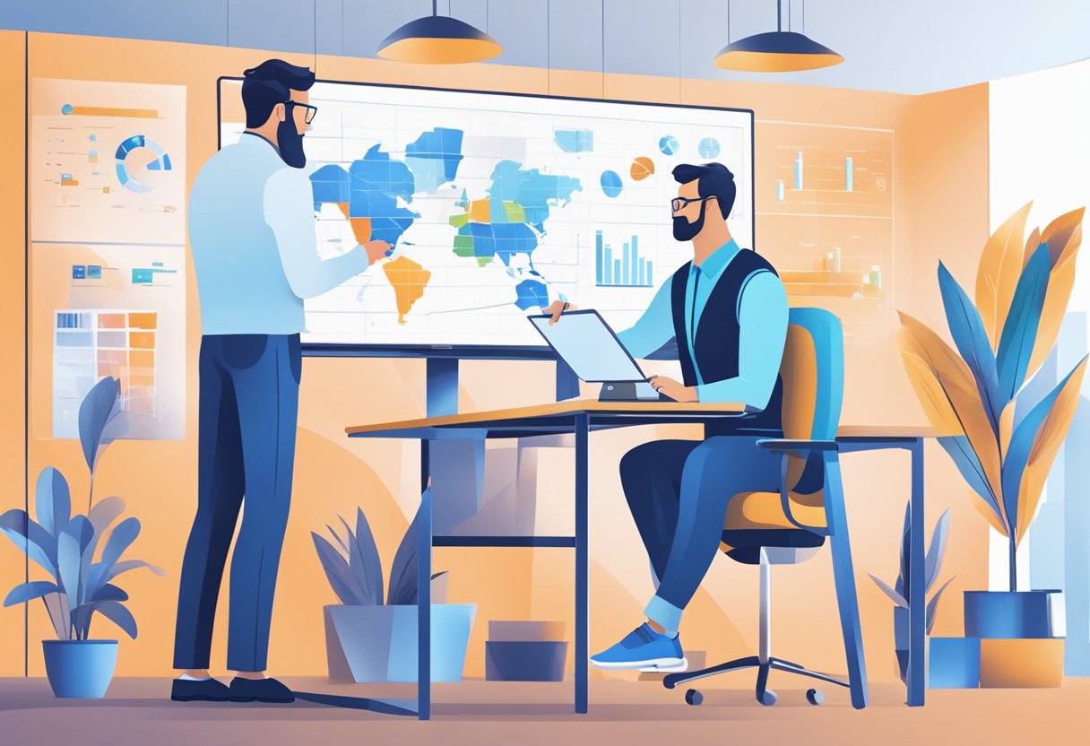 A modern office setting with two professionals collaborating on a digital platform, surrounded by charts and graphs, showcasing proactive B2B customer service solutions