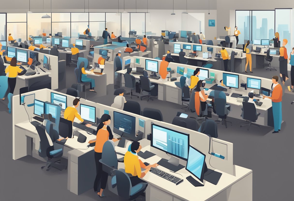 A bustling call center with agents providing efficient B2B customer service solutions. Headsets, computer screens, and a professional atmosphere convey high service standards