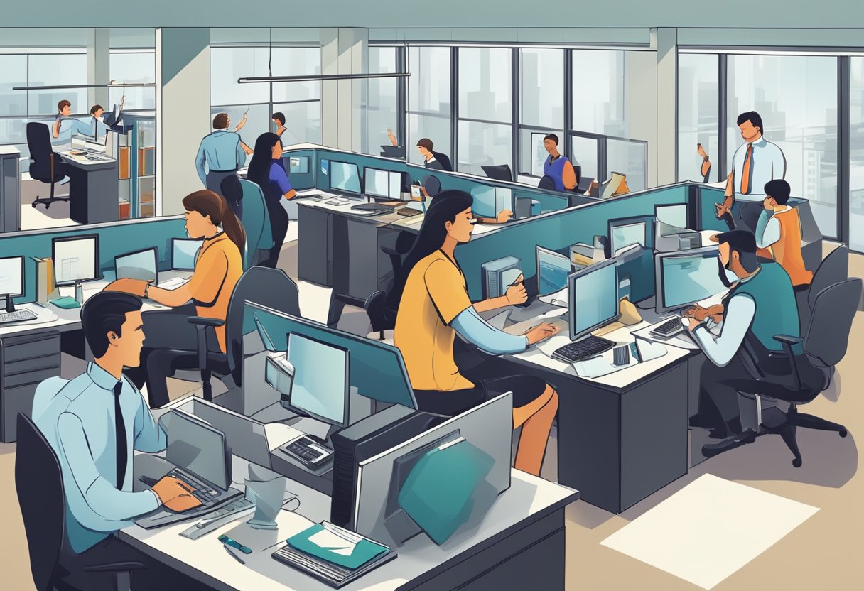 A bustling office with employees assisting clients, solving problems, and celebrating successful outcomes. Phone lines and computer screens convey a sense of urgency and productivity
