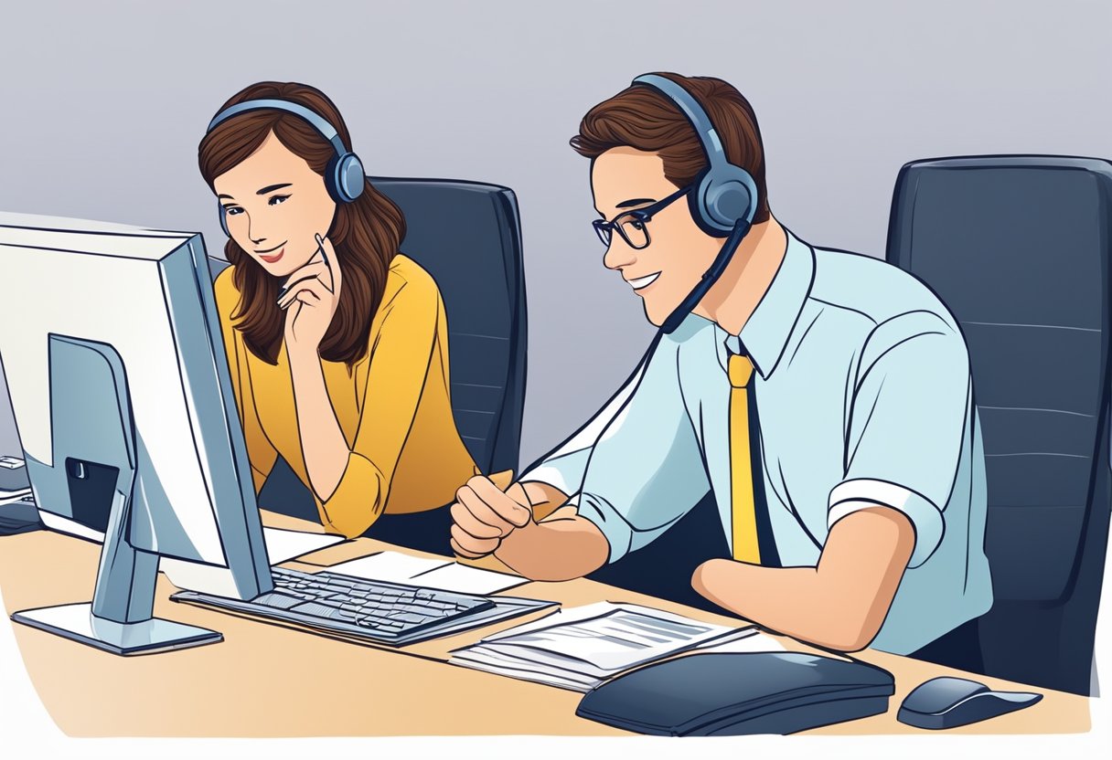A customer service representative assisting a business client with frequently asked questions in a professional and helpful manner