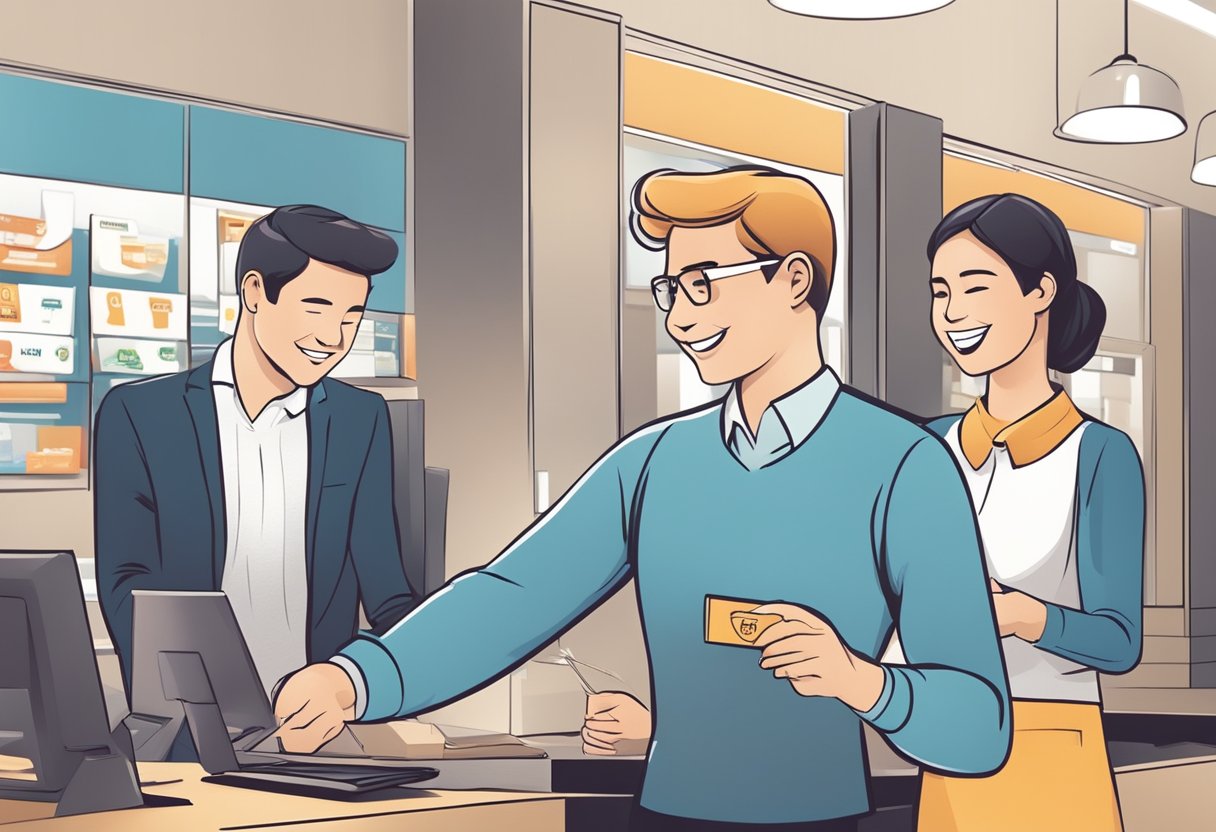 A smiling customer service representative assisting a satisfied customer, while a loyalty card is being handed out to them