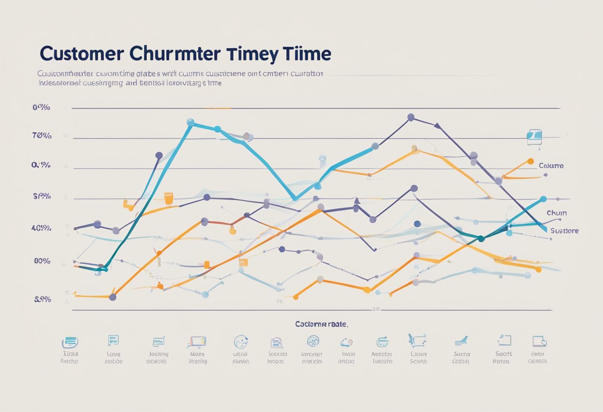 A line graph showing customer churn rates decreasing while customer loyalty and retention rates increasing over time