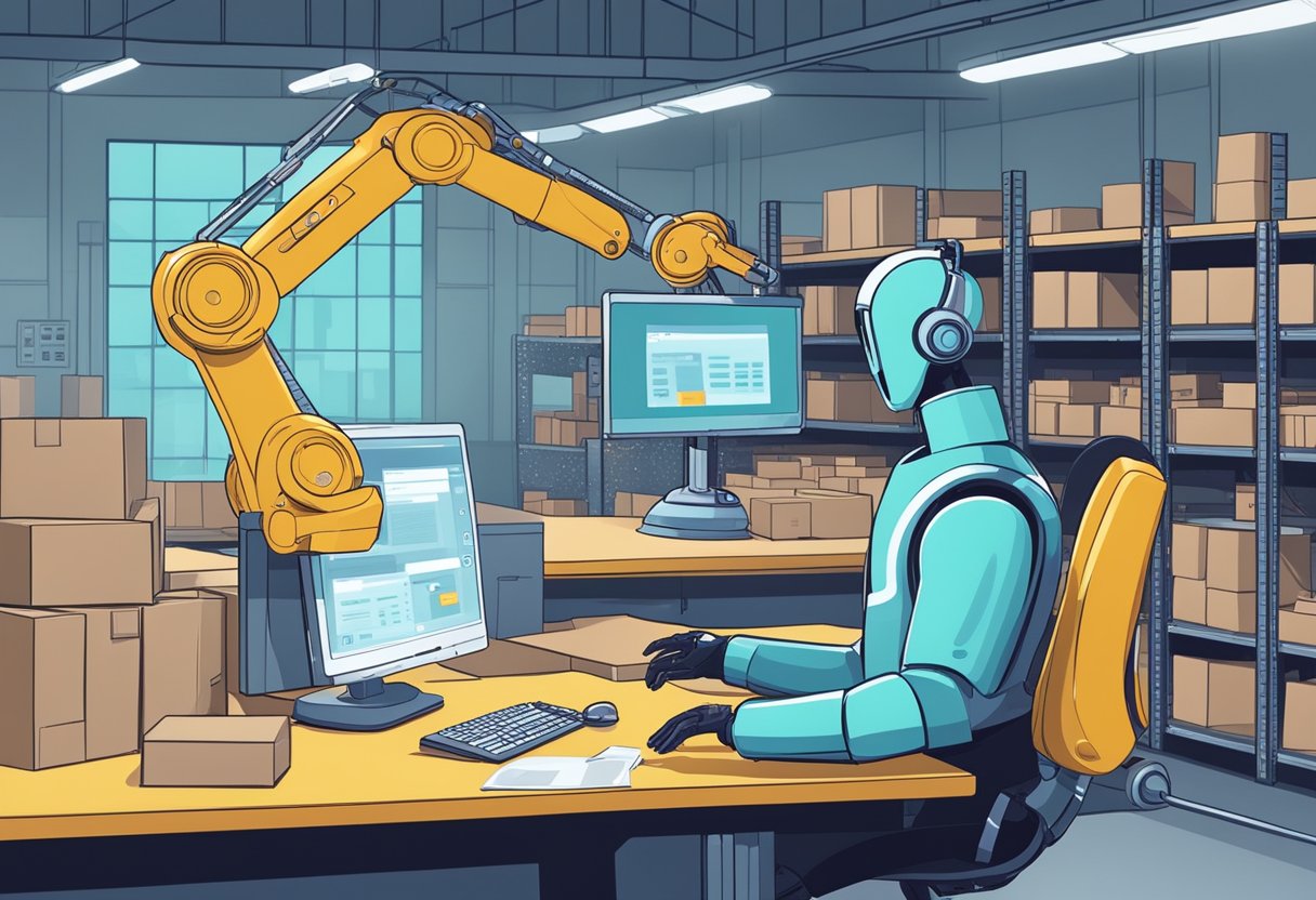 A customer service chatbot responds to inquiries on a computer screen, while a robotic arm processes orders in a warehouse