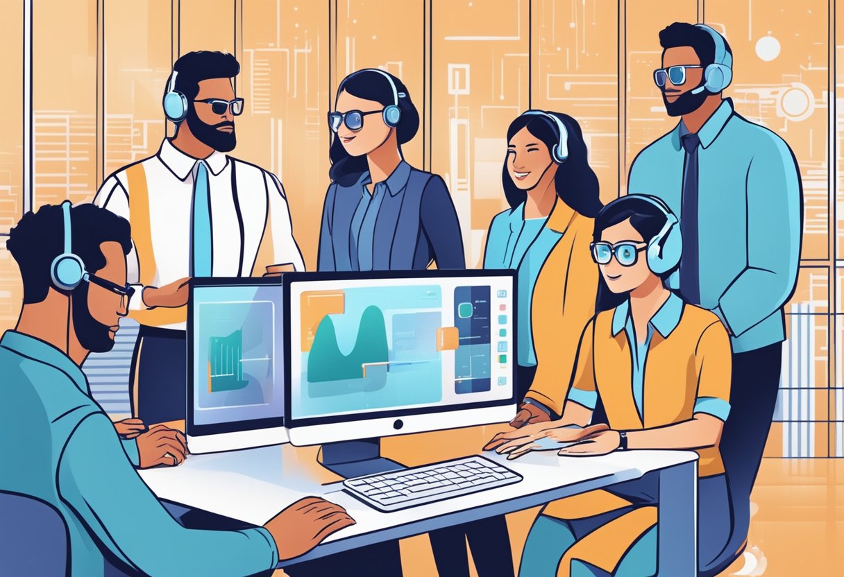 Customer service teams adapt to AI and automation, with employees interacting with digital interfaces and technology to assist customers efficiently