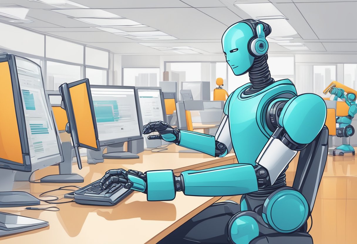 A customer service chatbot responds to inquiries while a robotic arm processes orders in a modern office setting