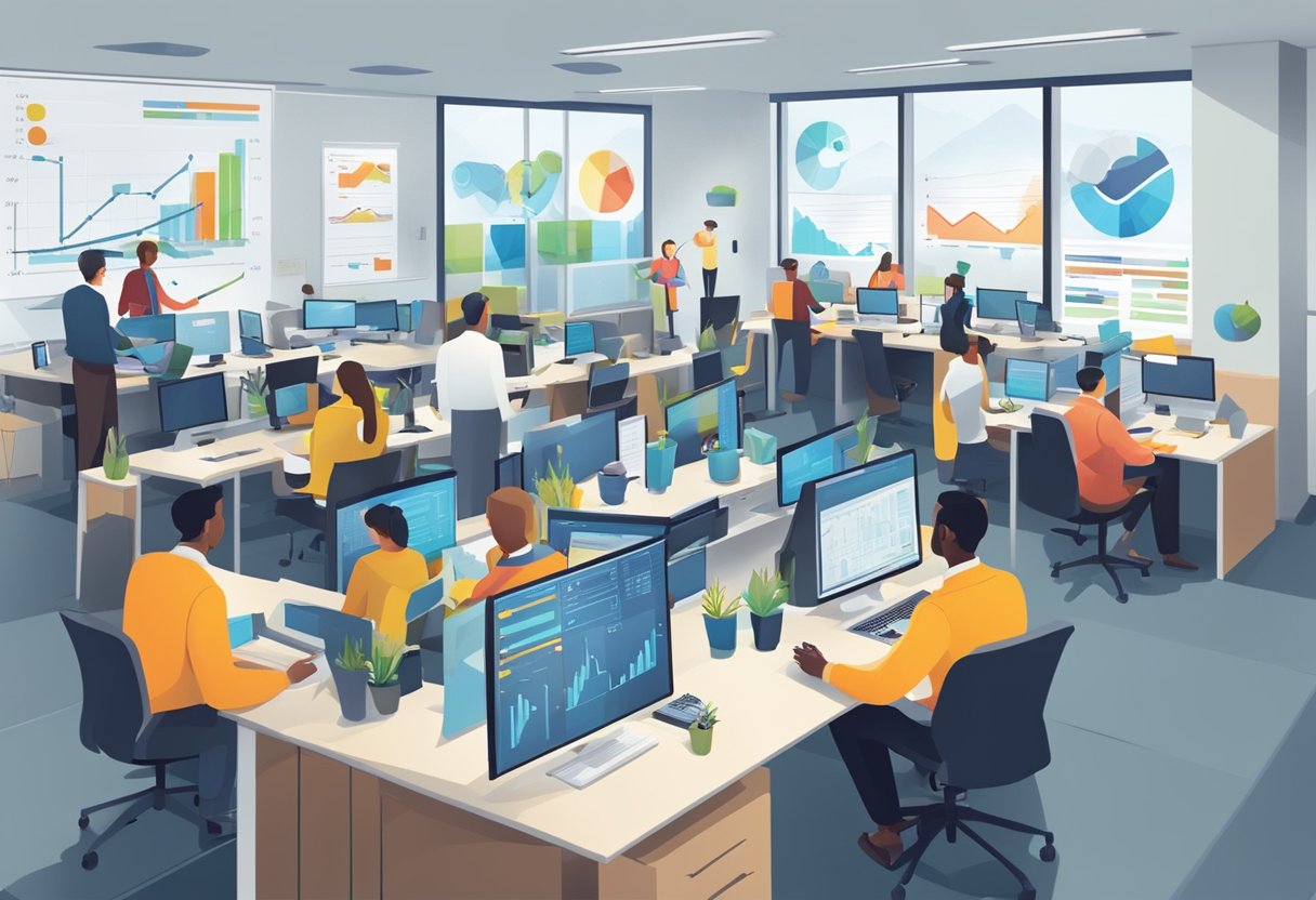 A bustling office with data charts on the walls, employees collaborating and analyzing customer service metrics, and a visible culture of continuous improvement