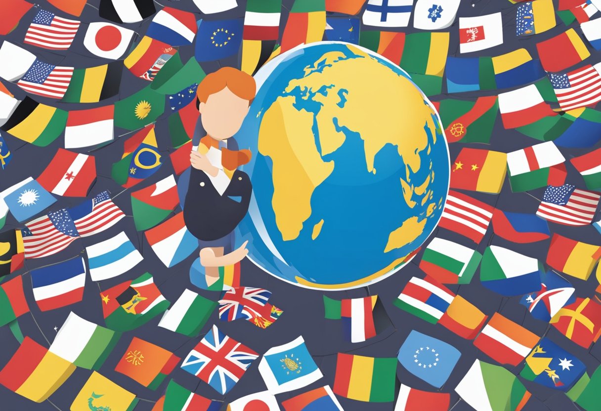 A globe surrounded by diverse flags, with a customer service representative assisting people from different cultures