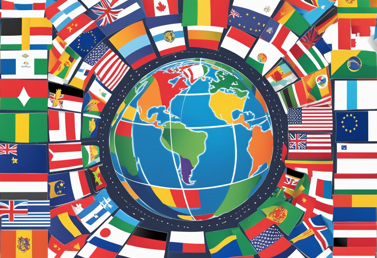 A globe surrounded by diverse flags, with a customer service hotline connecting people across the world