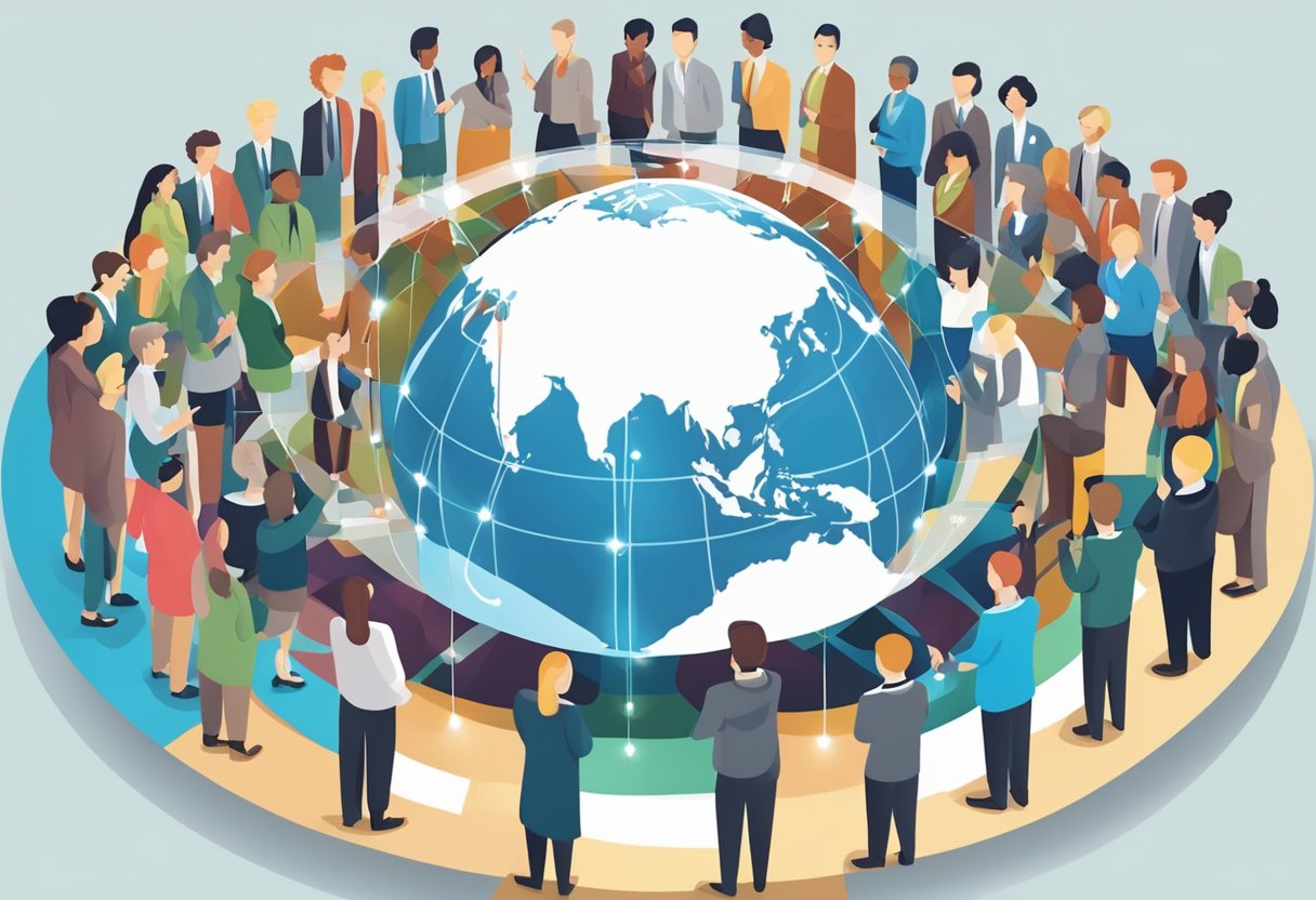A globe surrounded by a ring of interconnected people representing diverse cultures, with a set of customer service standards displayed prominently
