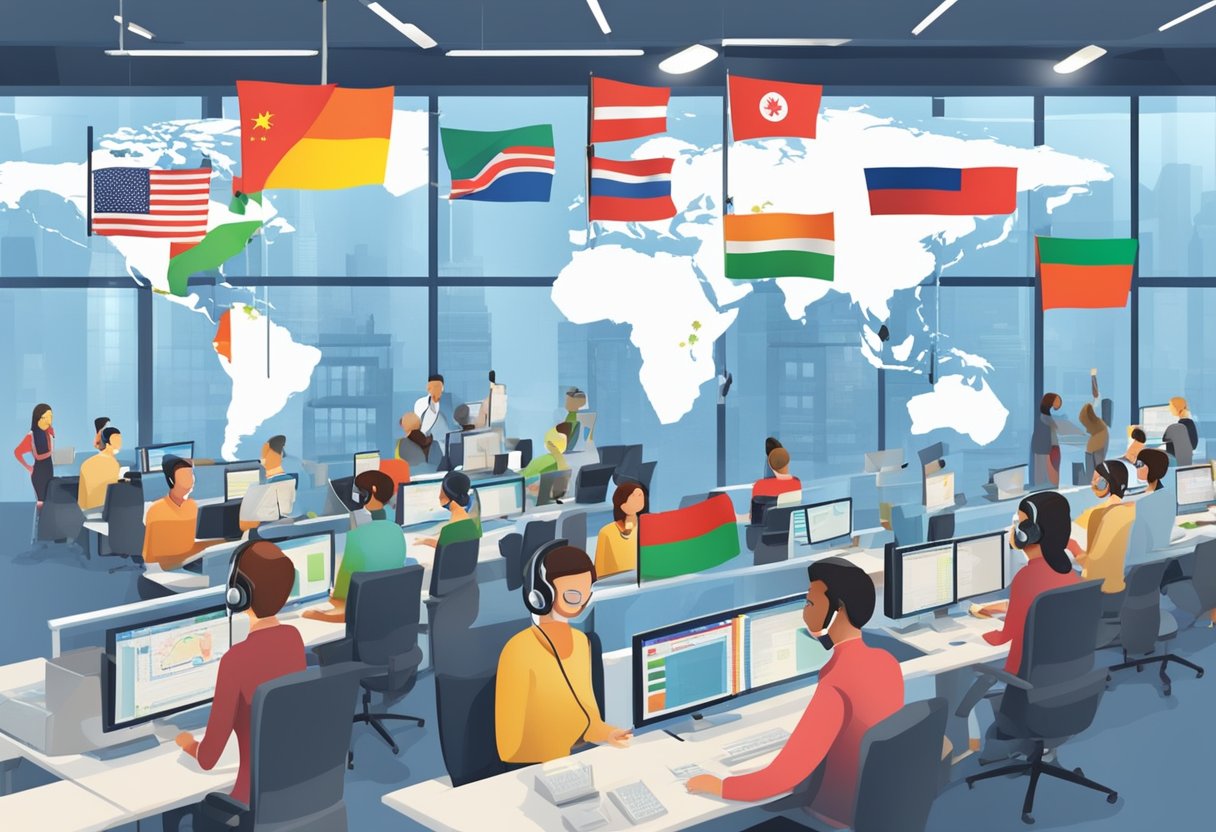 A bustling international call center with diverse flags and a "Global Benchmark" sign. Smiling agents assist customers in various languages