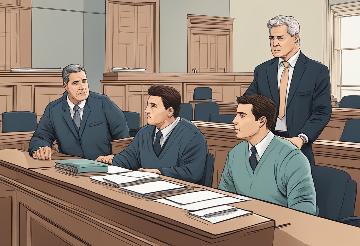 A courtroom scene with a judge, lawyer, and defendant discussing a DUI charge and its impact on the defendant's driver's license