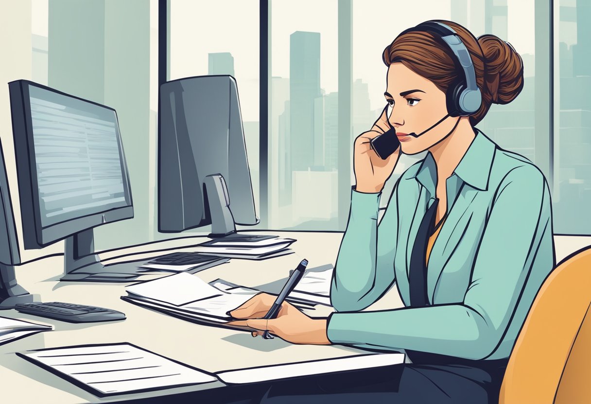 A customer service agent listens attentively to a customer's complaint, taking notes and maintaining a calm and professional demeanor. The agent is focused on resolving the issue to meet international customer service standards