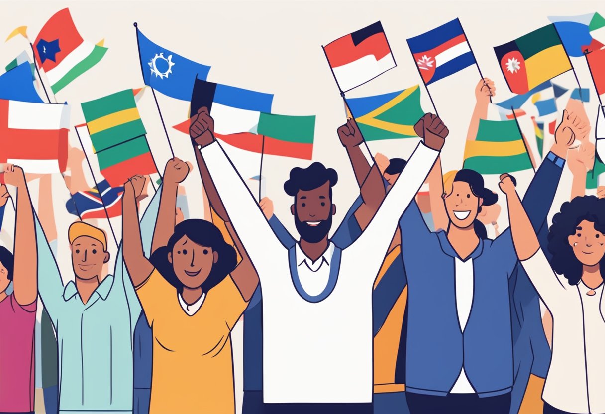A group of diverse people raise their arms in celebration, surrounded by flags representing different countries. A banner reads "International Customer Service Standards."