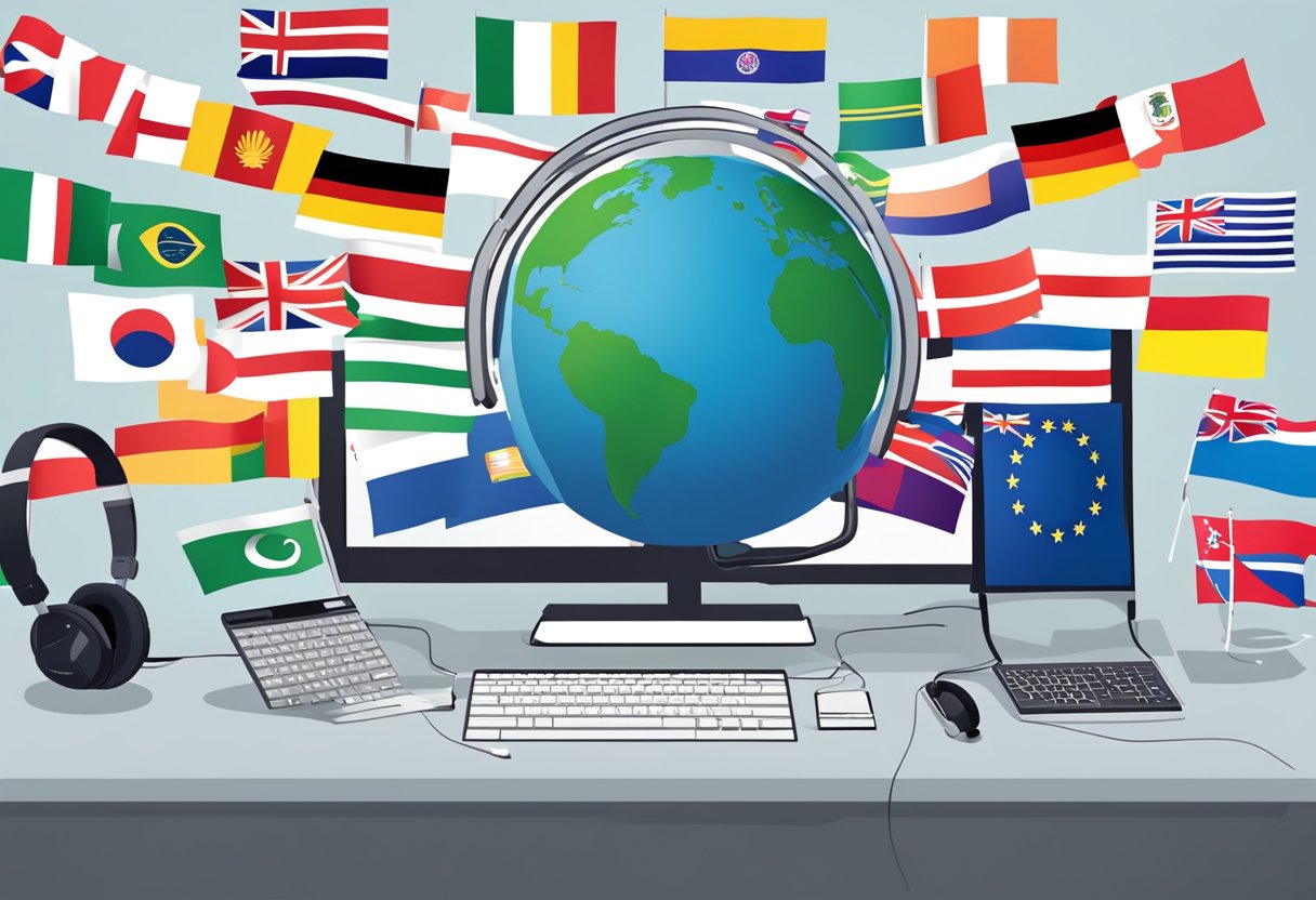 A globe surrounded by diverse flags, a headset, and a computer displaying "FAQ International Customer Service Standards."