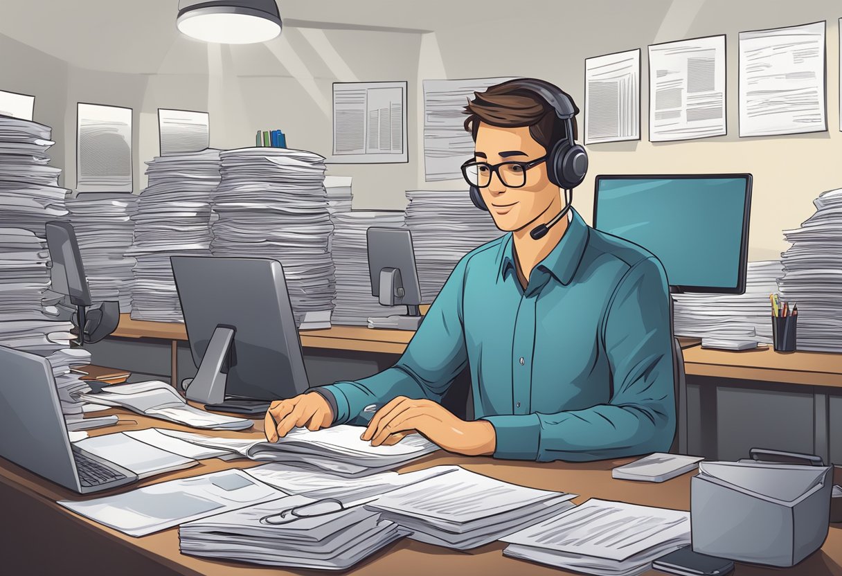 A customer service representative reviews legal documents for compliance, surrounded by files and a computer