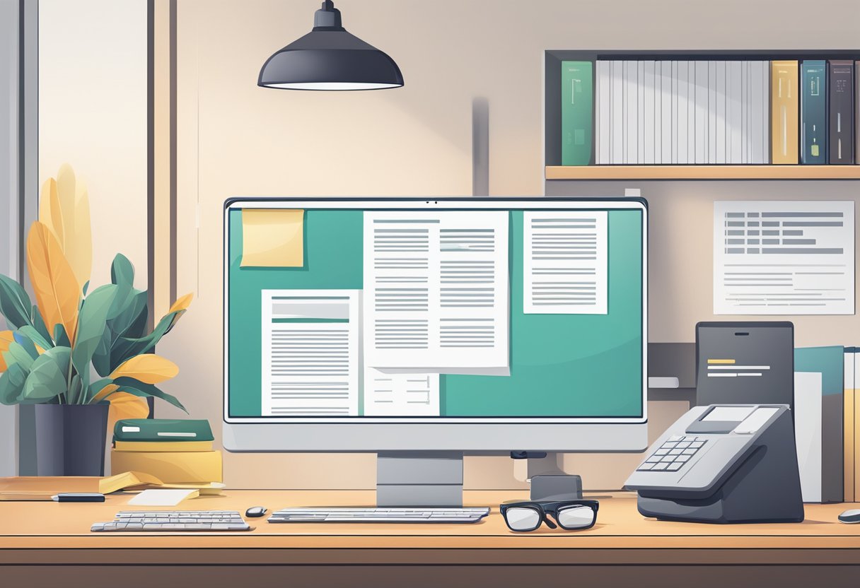 A desk with a computer, phone, and legal documents. Posters with customer service guidelines. Compliance manuals and checklists