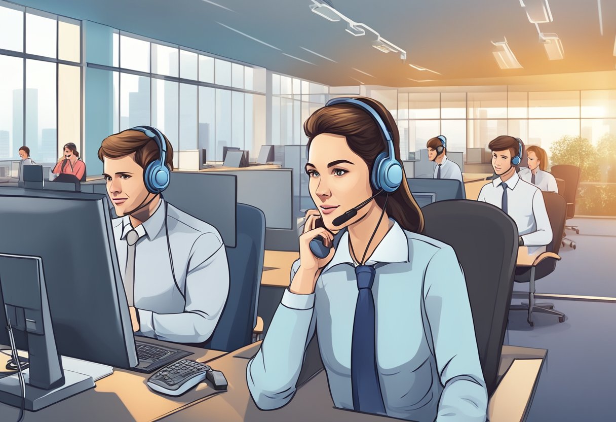 A call center agent reviews legal compliance guidelines and resolves customer service issues