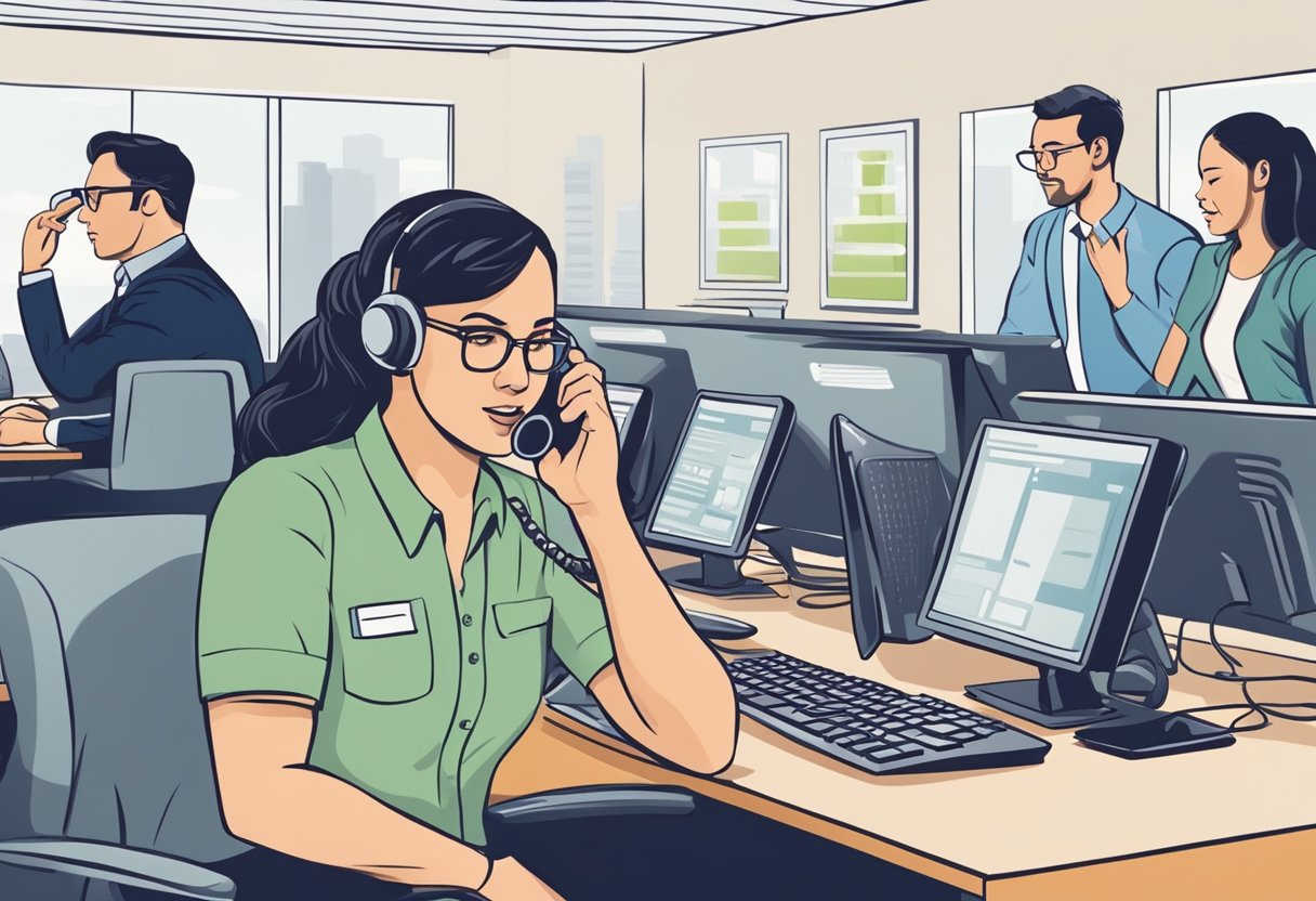 A customer service representative calmly resolves a customer's issue over the phone, while colleagues work diligently in the background