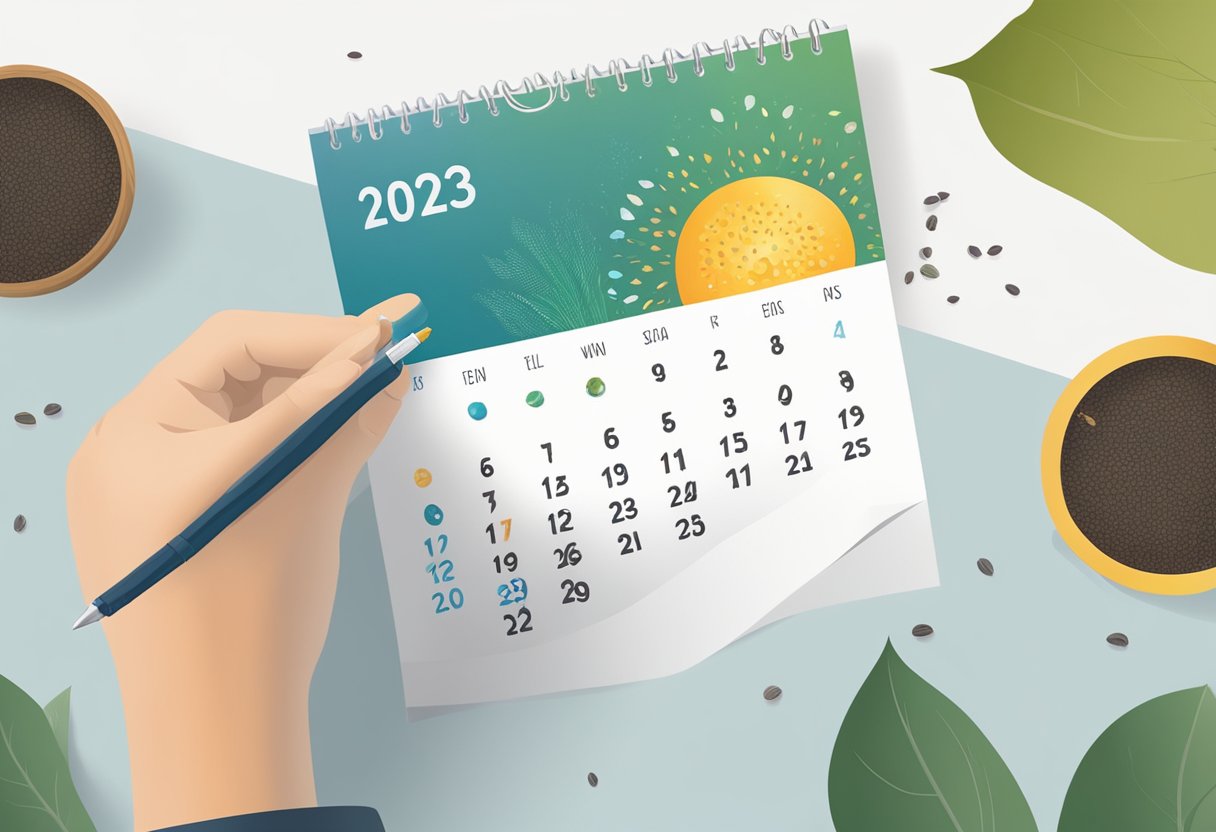 A calendar with "2023" visible. A hand holding a pen circles a date in late winter. A packet of seeds sits nearby