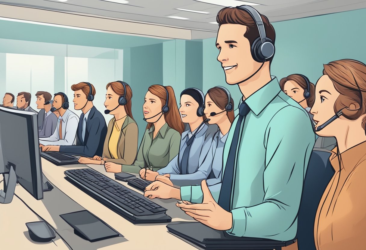 A customer service representative calmly addressing a long line of customers with various questions and concerns, while maintaining a professional and helpful demeanor