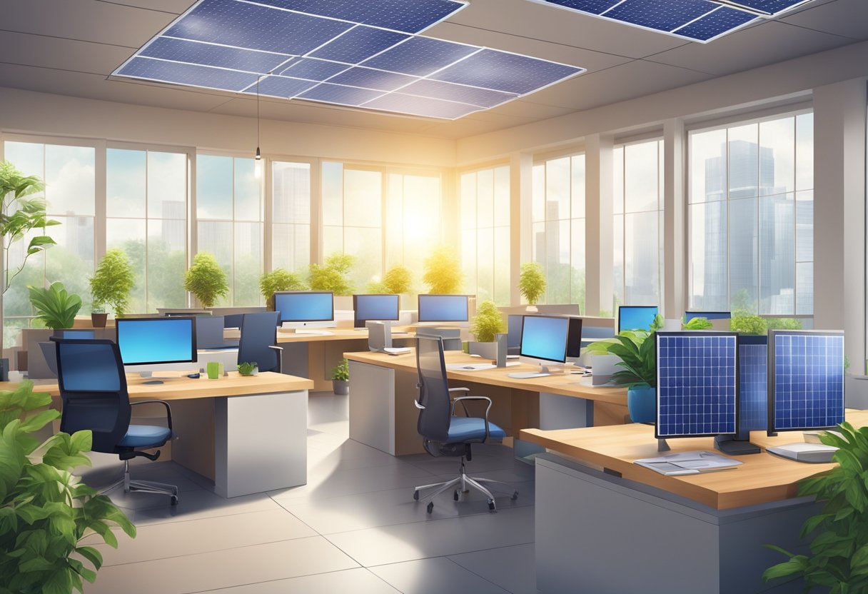 A modern office with eco-friendly technology, such as solar panels and energy-efficient devices, used to provide sustainable customer service