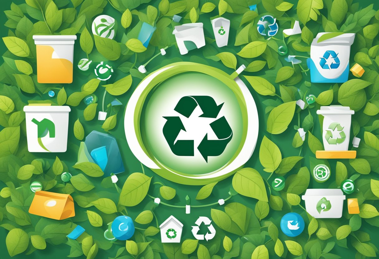 A company's logo is surrounded by green leaves and recycling symbols, showcasing their commitment to sustainability and customer service practices