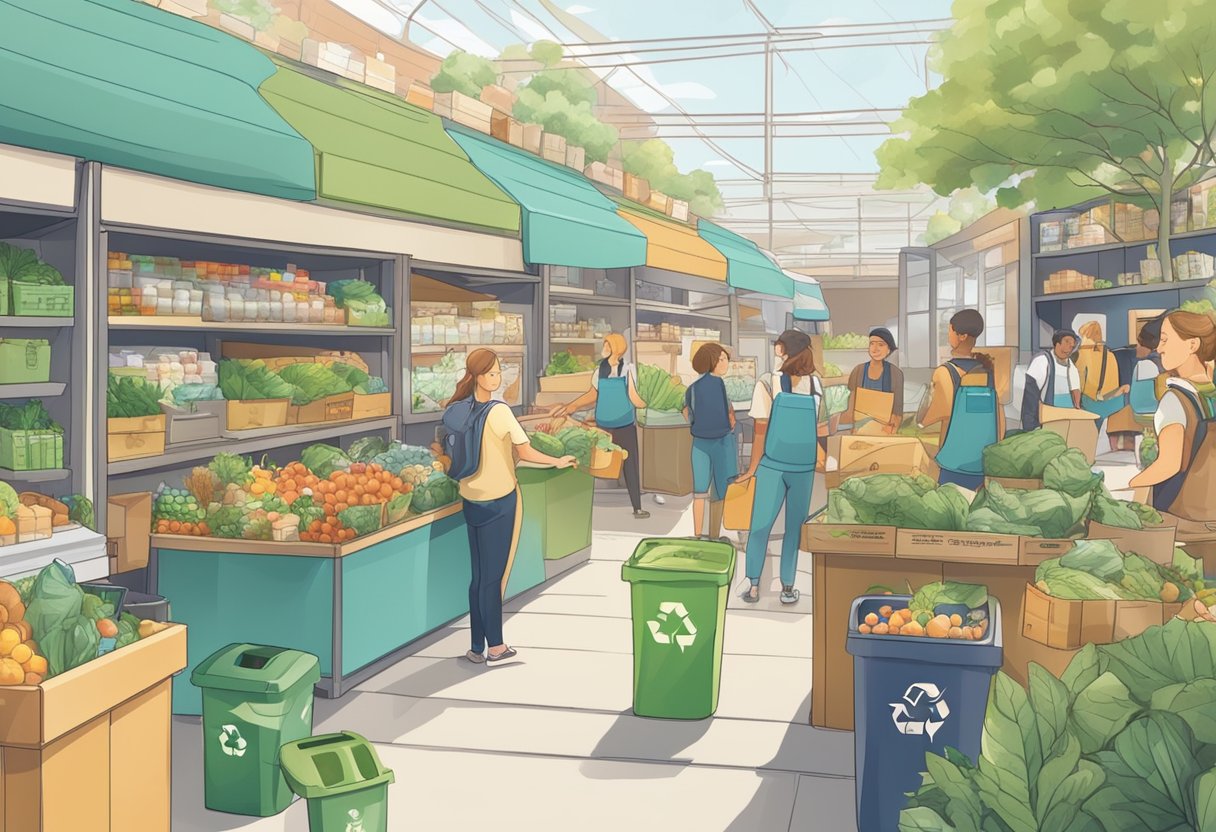 A bustling marketplace with eco-friendly products and smiling customers. Recycling bins are visible, and employees are using sustainable packaging