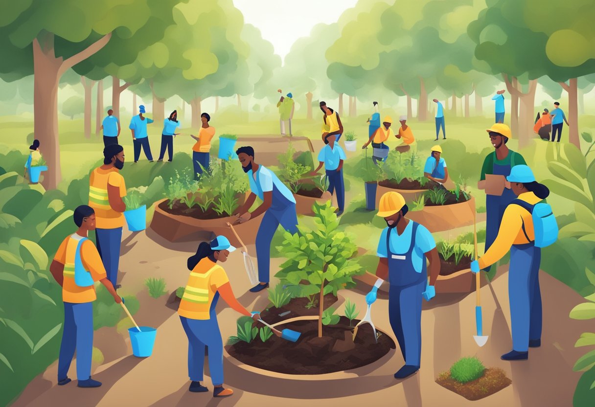 A group of diverse individuals working together to plant trees, recycle, and reduce waste in a vibrant, eco-friendly community