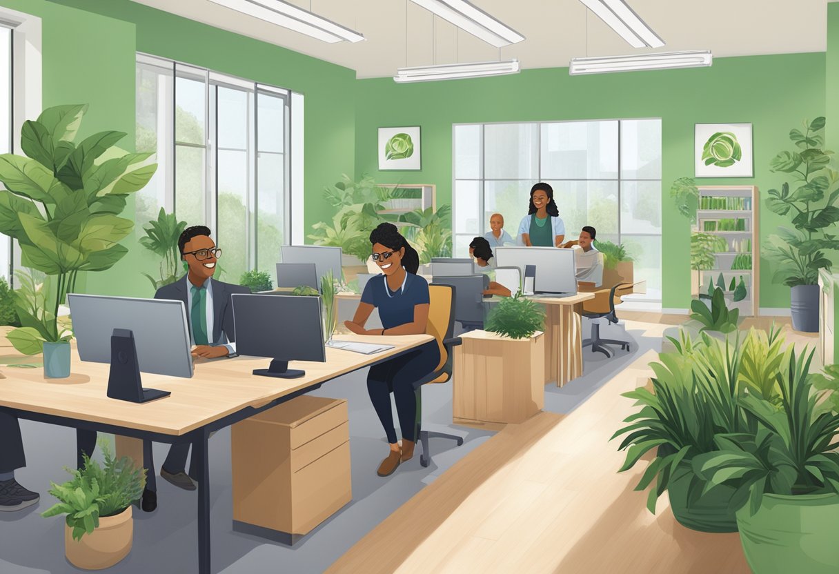 A customer service representative smiles while assisting a diverse group of customers with sustainable solutions. The office is filled with green plants and eco-friendly decor