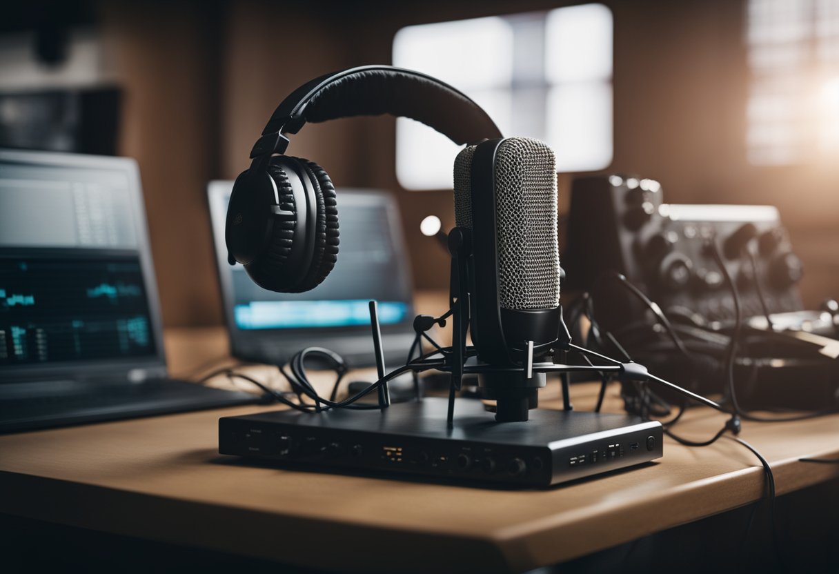A person sits at a desk, surrounded by microphones and recording equipment. They are speaking into a microphone, with headphones on, while a radio broadcast plays in the background