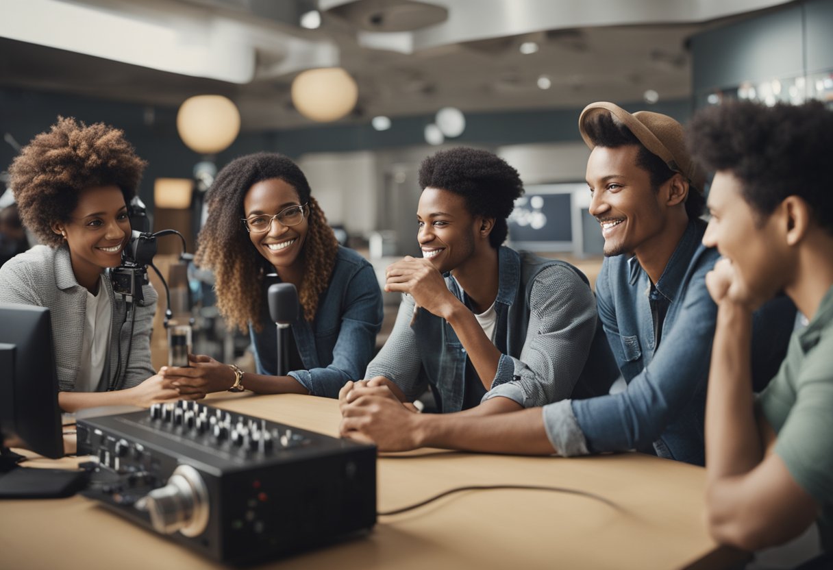 A group of people gathering around a radio station, sharing ideas and working together to produce community-focused content