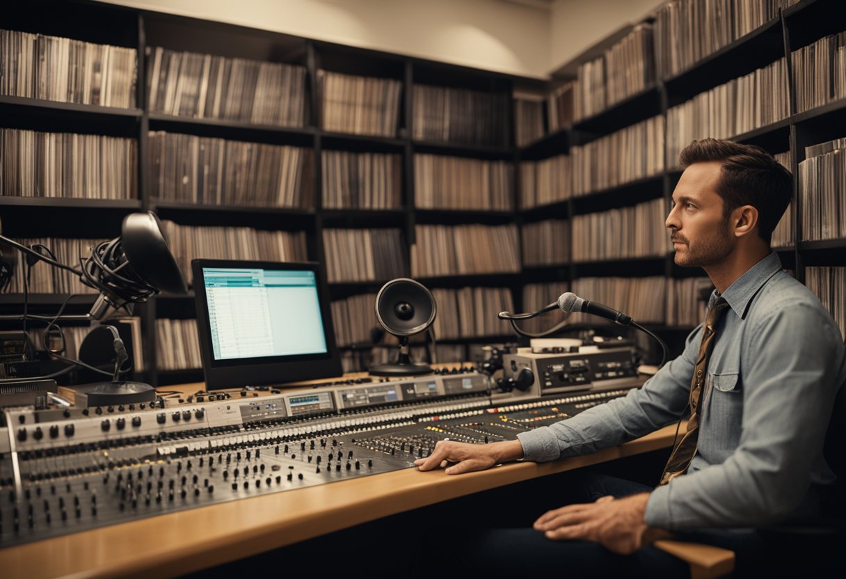 A person sits at a desk, adjusting knobs and speaking into a microphone. Behind them, shelves are filled with vinyl records and CDs. A sign on the wall reads "Community Radio Station."