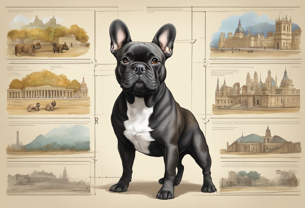 A French bulldog stands proudly next to a historical timeline, showcasing its origins and lifespan