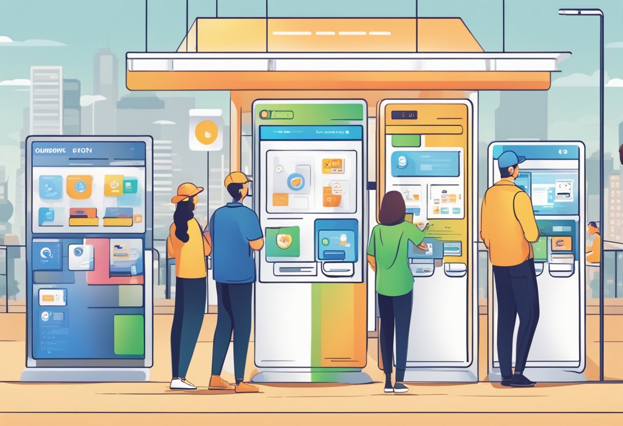 Customers interact with kiosks, mobile apps, and chatbots for self-service. Various channels are displayed on a digital screen