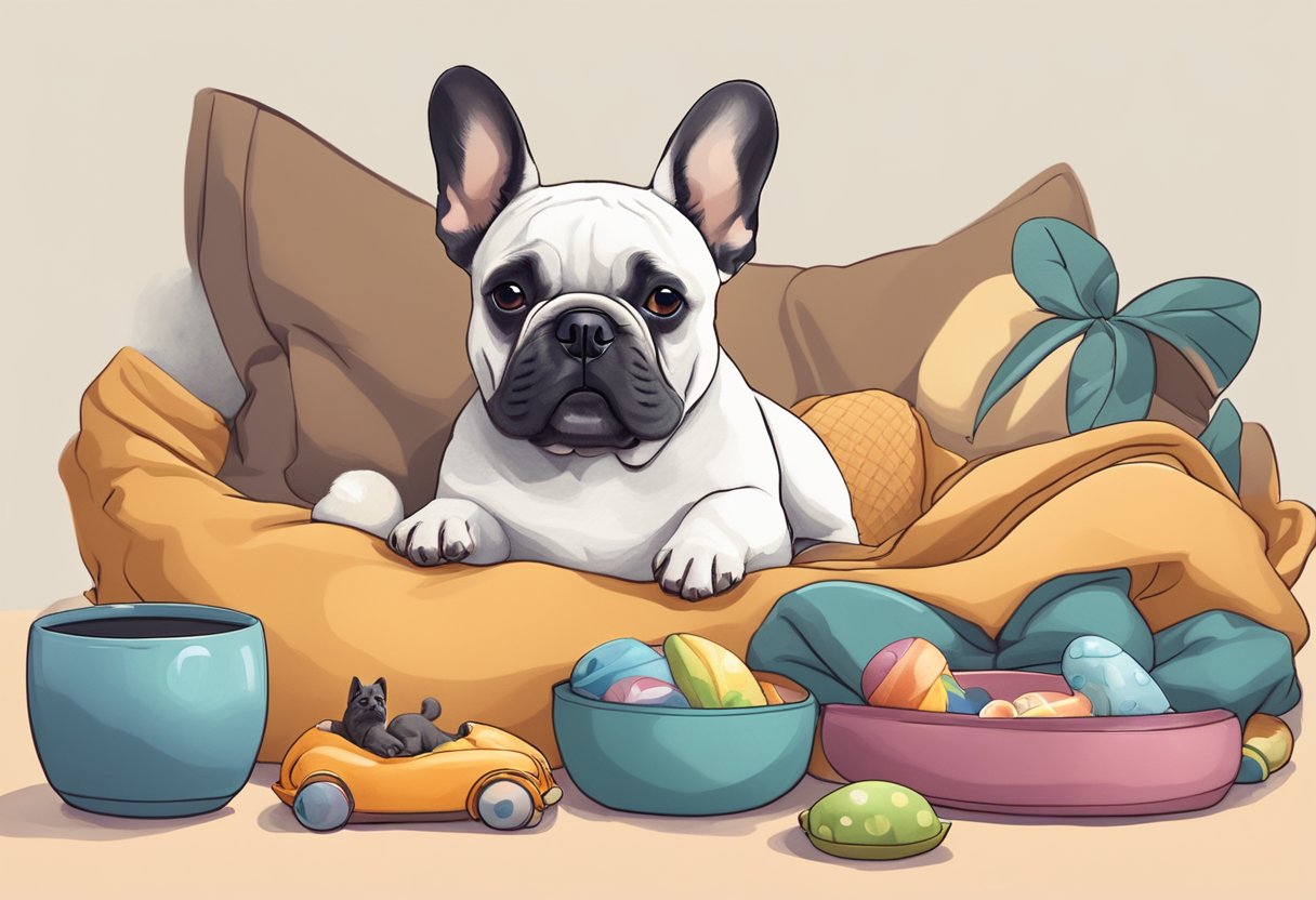 A French Bulldog resting peacefully in a cozy bed, surrounded by toys and a bowl of water, with a gentle smile on its face