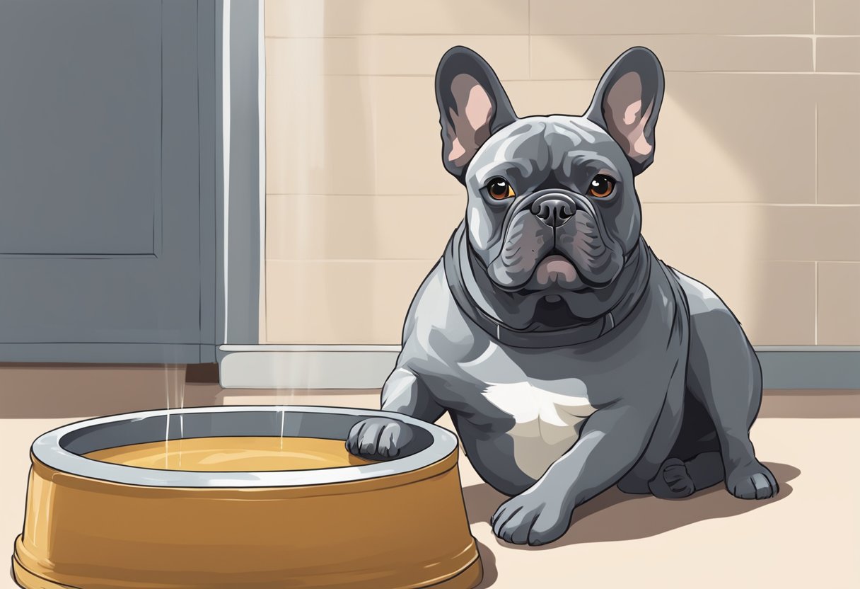 A French bulldog with a grey coat sits next to a water bowl, panting heavily. Its eyes appear tired and it struggles to stand up