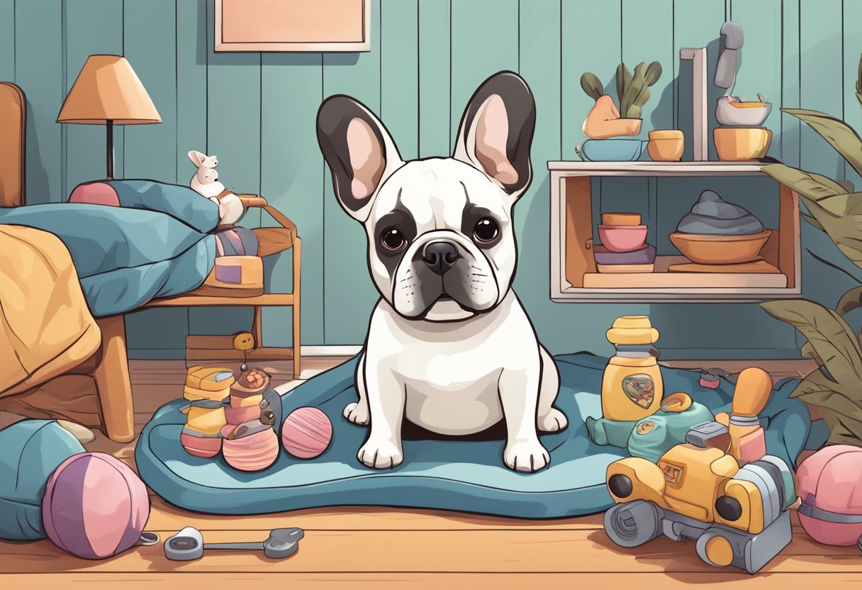 A French bulldog being groomed and fed, surrounded by toys and a cozy bed