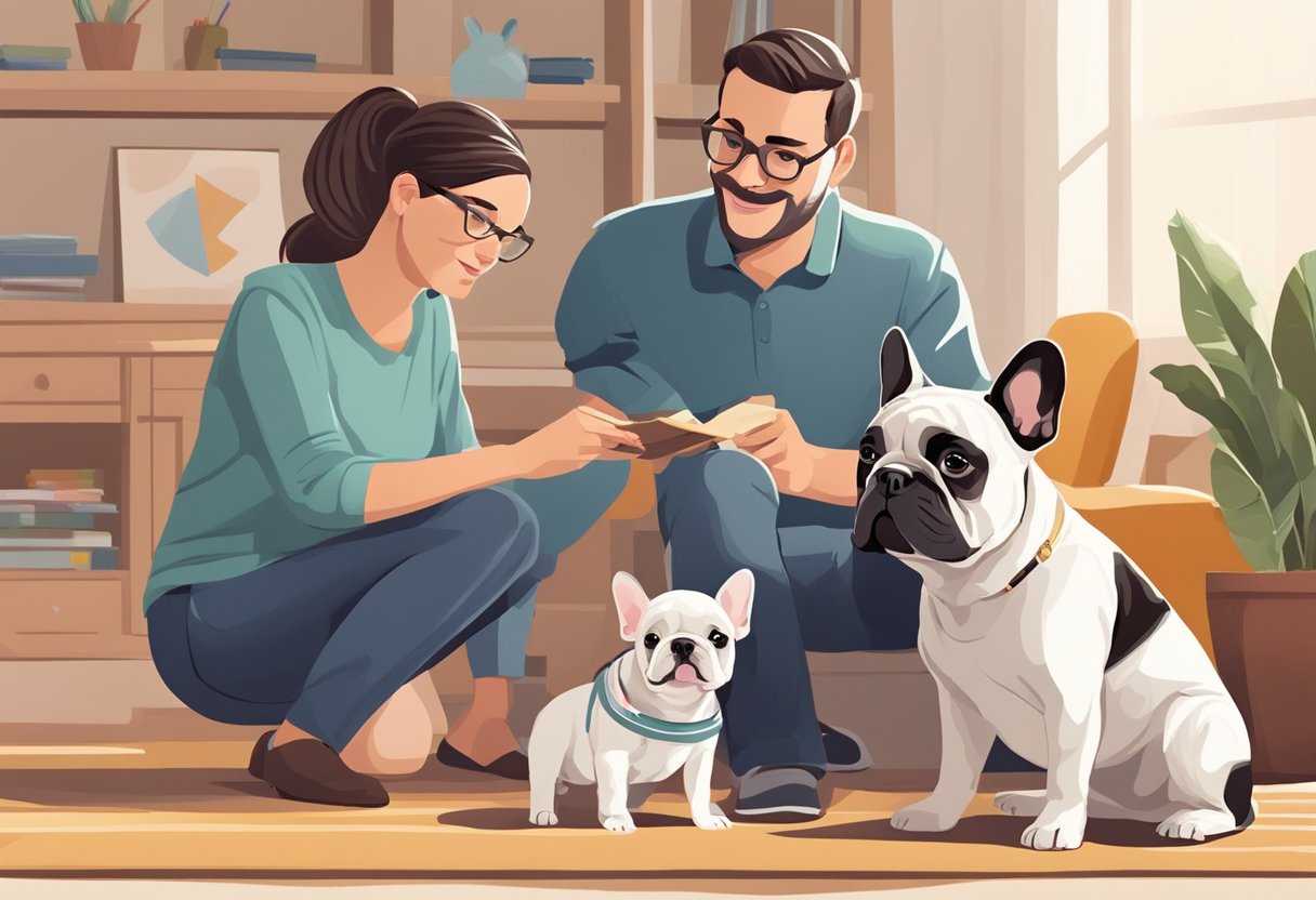 A family carefully selects a French bulldog puppy from a litter, while a knowledgeable guide provides advice on caring for the breed